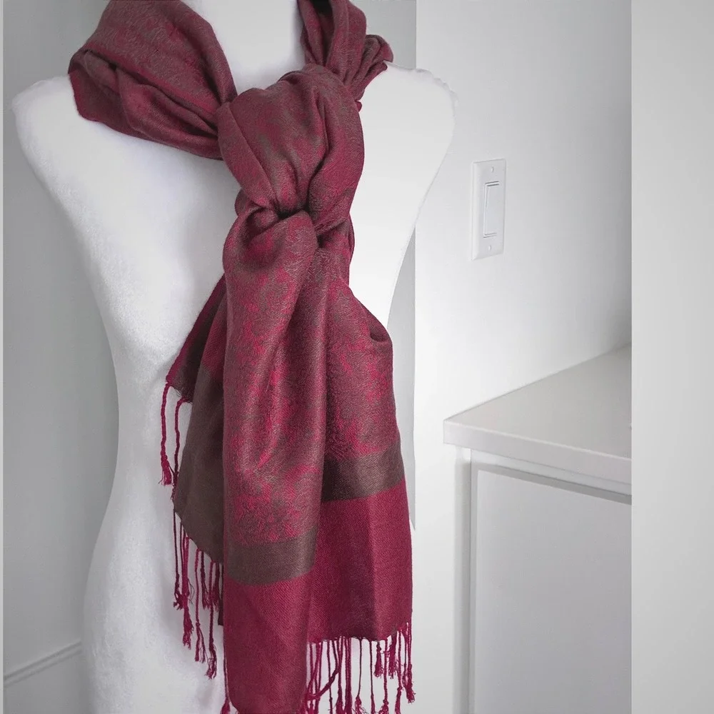 Italian Renaissance Jewel Tones Pashmina Scarf Shawl Fringe Trim Burgundy Brown
